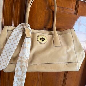 Coach Tan Leather Tote with Polka Dot Scarf Accent